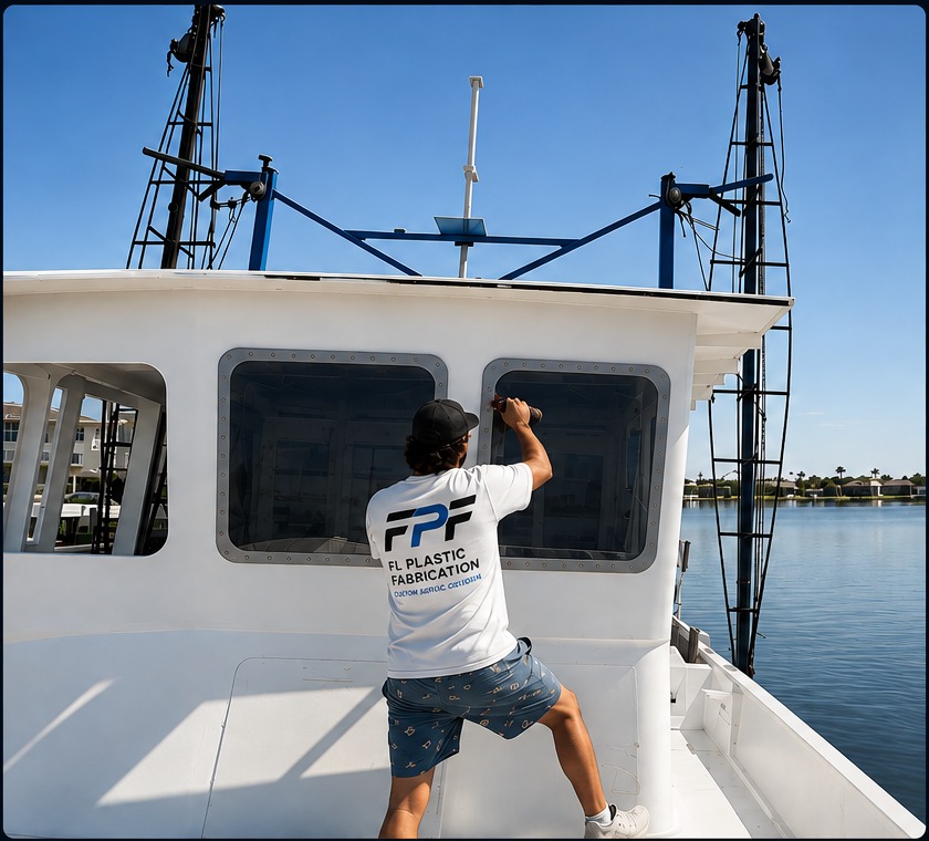 FL Plastic Fabrication installing custom acrylic boat windows